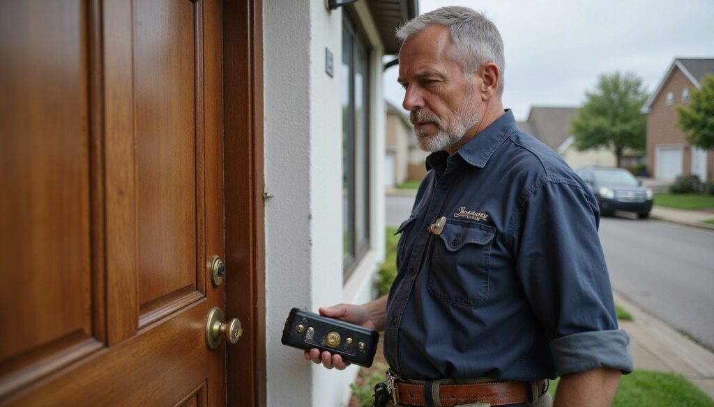 A focused middle-aged locksmith inspects a worn deadbolt on a suburban home's wooden door, tools at his side.